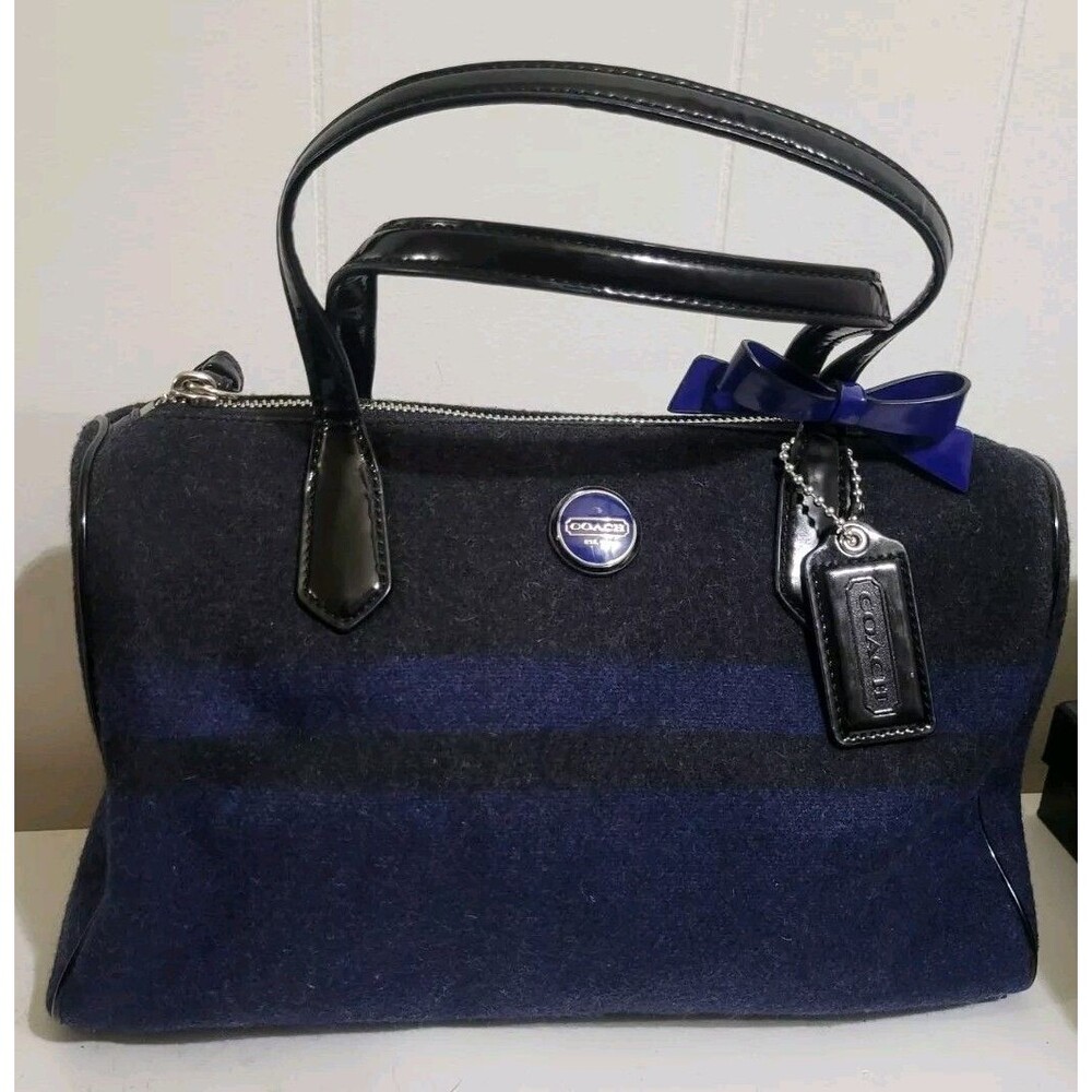 Coach Vintage Patent Leather Two-tone Stripped Wool Satchel Bag  F24784